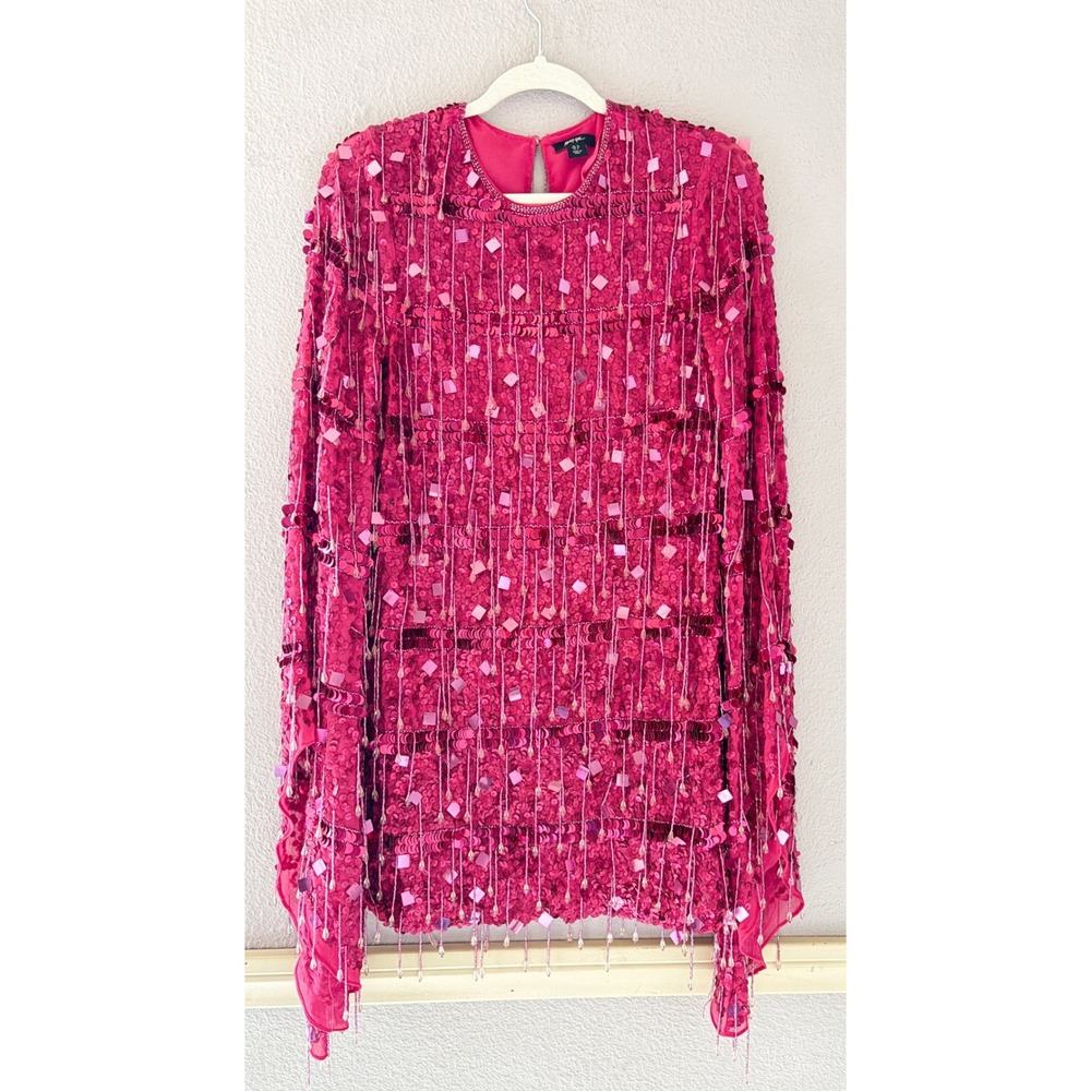 Nasty Gal Pink Sequin Fringe Mini Dress Long Bell Sleeve Beaded Glam Party Sz 6 - Picture 3 of 7
